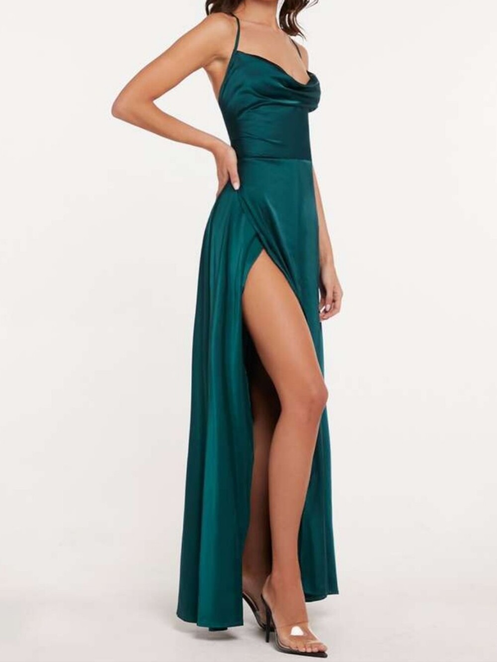 SHEIN Teal Satin Cowl Neck High-Slit Maxi Dress